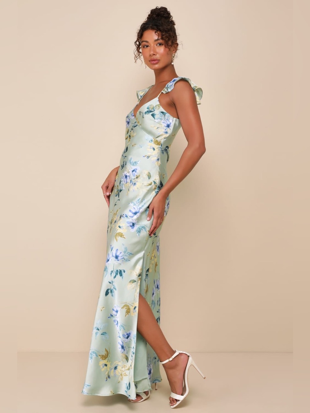 LULU’S Captivating Grace Sage Green Floral Satin Ruffled Maxi Dress - Picture 3 of 6